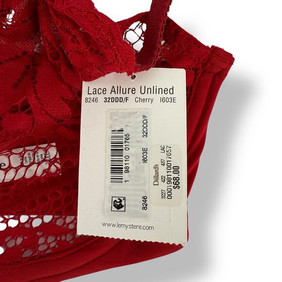 Le Mystere Sheer Lace Allure Demi Bra Size 32DDD Cherry Red Underwire - Picture 7 of 7